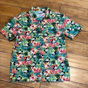 Disney Men's Mickey Mouse Vibrant Floral Hawaiian Button-Down Shirt